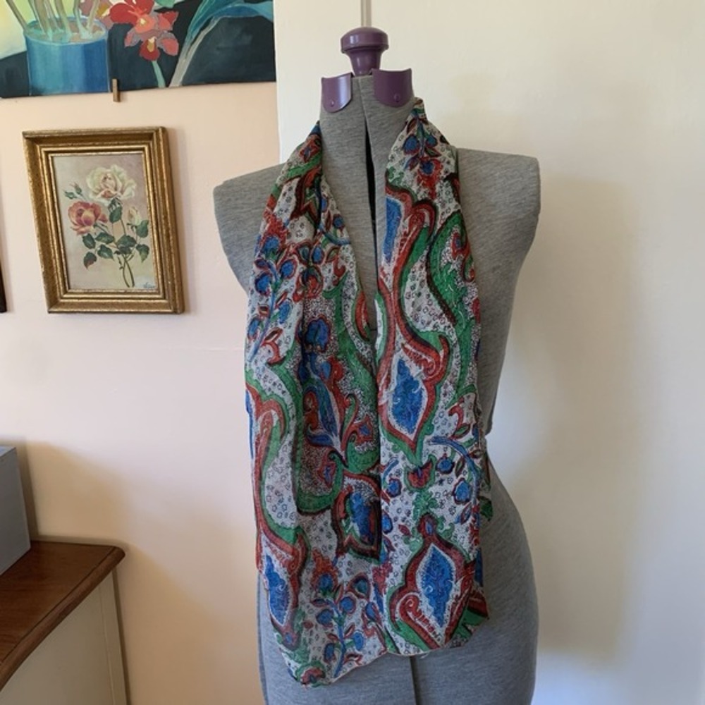 Vintage‎ Paisley Floral Silk Chiffon Sheer Scarf Green Blue Red 51x19"